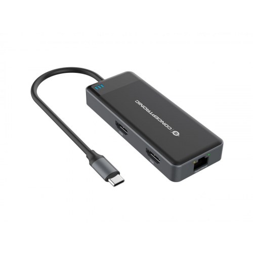 Conceptronic DONN14G USB-C dockingstation - 2× HDMI, 3× USB 3.2, Gigabit LAN, 100 W PD - Grå
