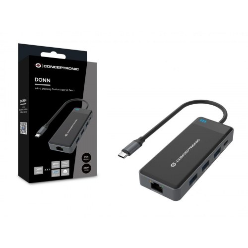 Conceptronic DONN14G USB-C dockingstation - 2× HDMI, 3× USB 3.2, Gigabit LAN, 100 W PD - Grå