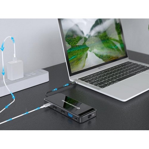 Conceptronic DONN14G USB-C dockingstation - 2× HDMI, 3× USB 3.2, Gigabit LAN, 100 W PD - Grå