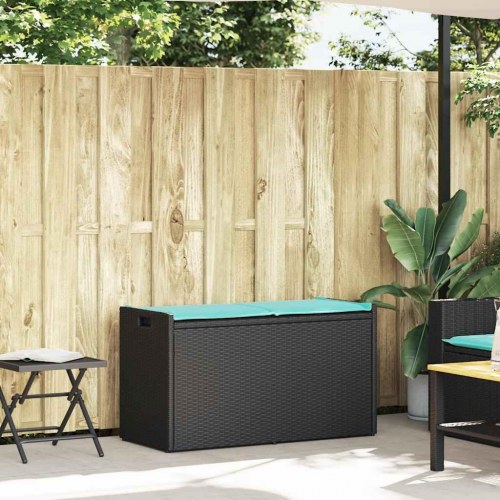 Udendørs opbevaringsbænk med hynde 100 cm - polyrattan, sort