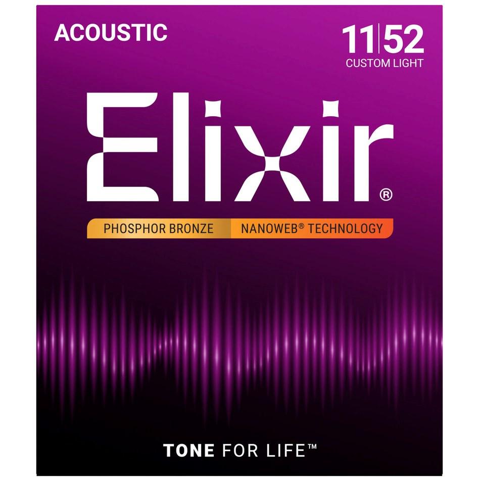 Elixir Phosphor Bronze akustiske guitarstrenge 11-52 Custom Light med Nanoweb