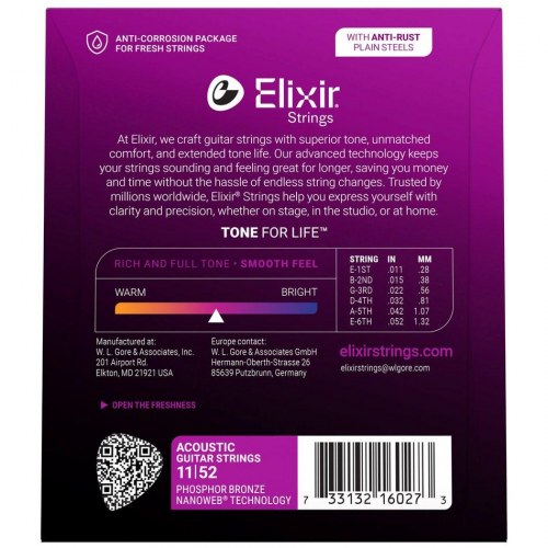 Elixir Phosphor Bronze akustiske guitarstrenge 11-52 Custom Light med Nanoweb