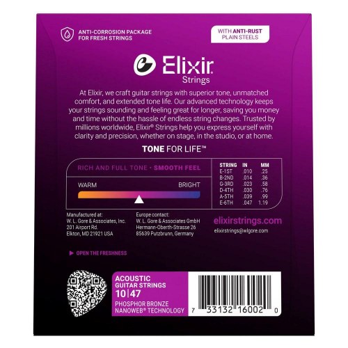Elixir 16002 Phosphor Bronze Extra Light Nanoweb - akustiske guitarstrenge (10-47)