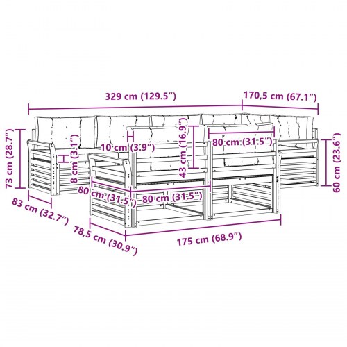 Udendørs sofagruppe - 7-pers. hvid/antracit, modulopbygget 329 × 170,5 × 73 cm