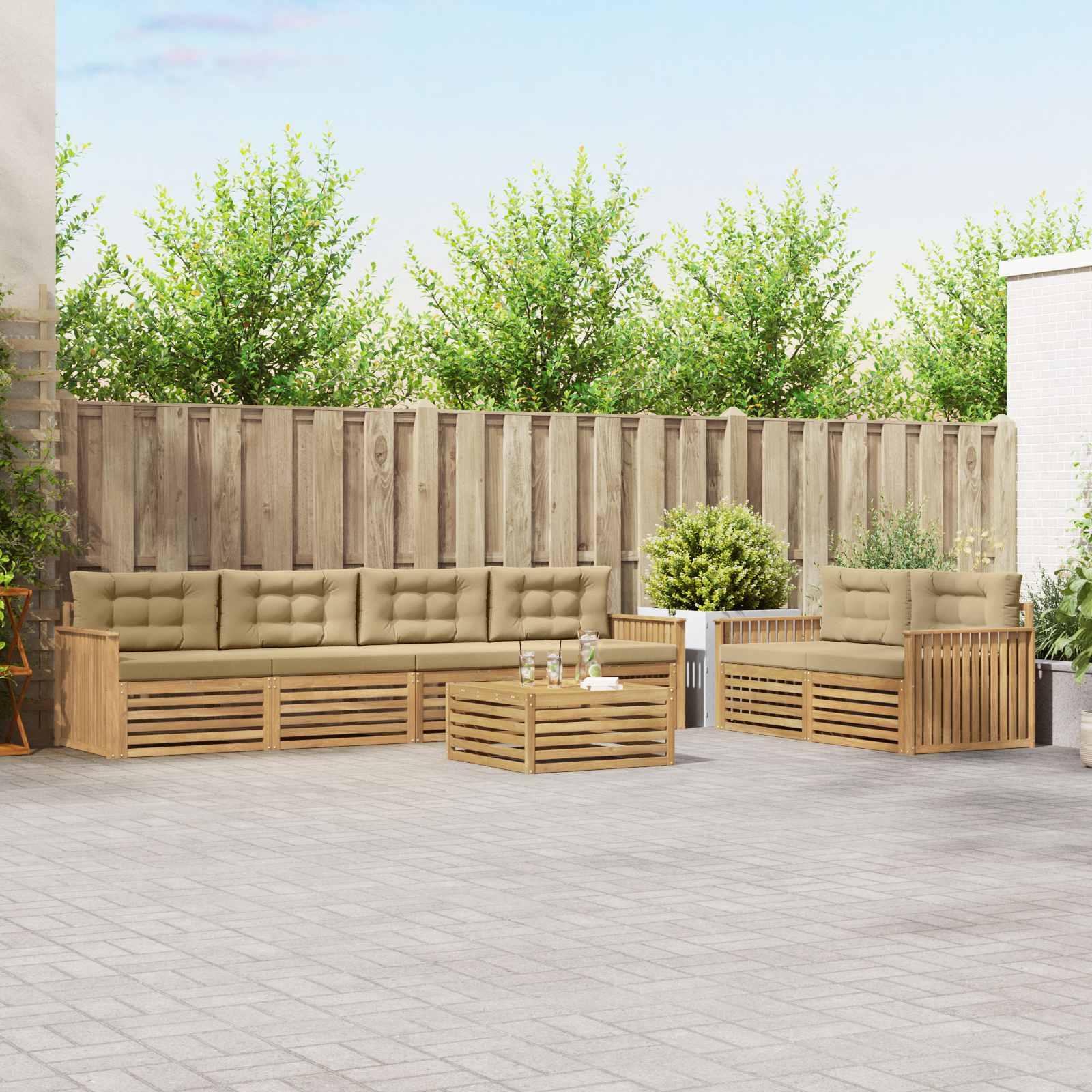 Udendørs sofagruppe i massivt akacietræ - 7 dele, hvid/beige, modulært loungesæt til terrasse og have billede