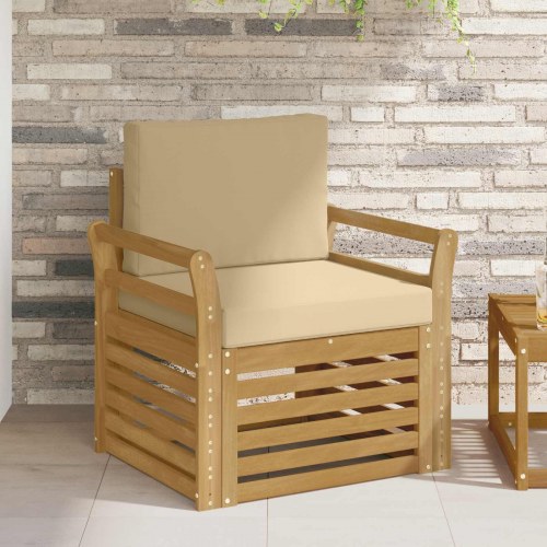 Udendørs loungestol i akacietræ med hynder - hvid ramme, beige puder