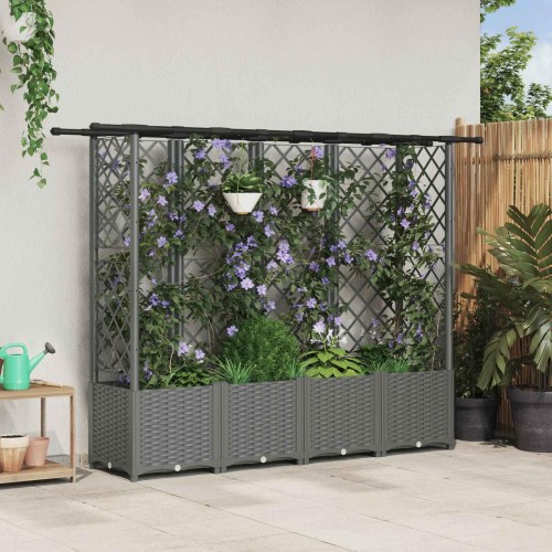 Hævet bed med trellis og tag - lysegrå PP, 202 × 40 × 136 cm