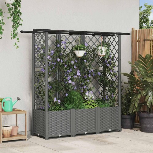 Hævet bed med trellis og tag - lysegrå 163,5 × 40 × 136 cm (PP)