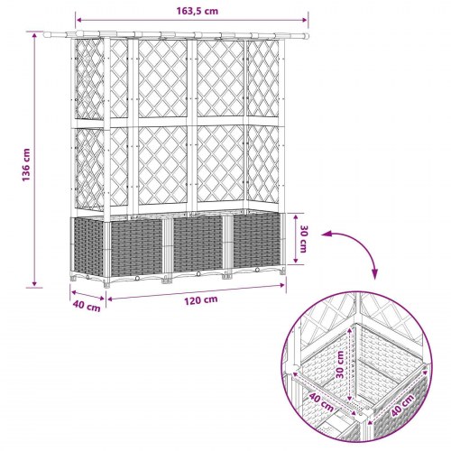 Hævet bed med trellis og tag - lysegrå 163,5 × 40 × 136 cm (PP)