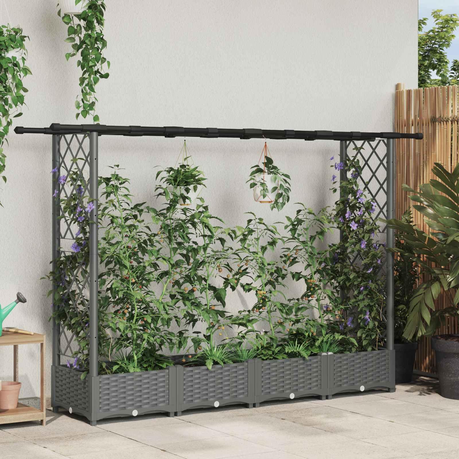 Hævet bed med trellis og tag - lysegrå PP 203 × 40 × 121 cm billede