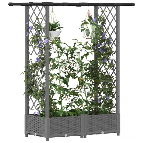 Hævet bed med trellis og tag - lysegrå PP 122,5 × 40 × 121 cm