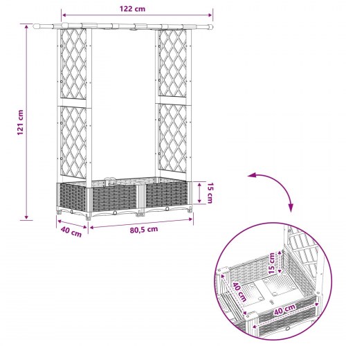Hævet bed med trellis og tag - lysegrå PP 122,5 × 40 × 121 cm