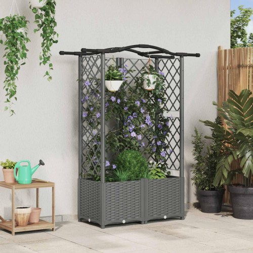 Hævet bed med trellis og tag - lysegrå PP 122 × 40 × 138 cm