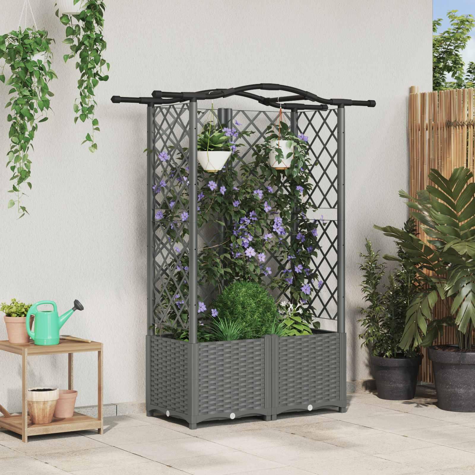 Hævet bed med trellis og tag - lysegrå PP 122 × 40 × 138 cm billede