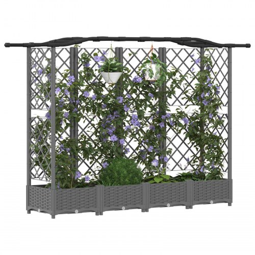 Hævet bed med trellis og tag - lysegrå PP, 203,5 × 40 × 123 cm