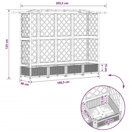 Hævet bed med trellis og tag - lysegrå PP, 203,5 × 40 × 123 cm