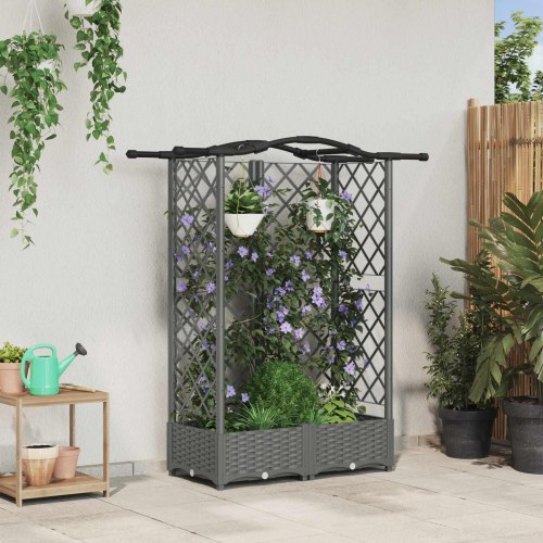 Hævet bed med trellis og tag - lysegrå 124 × 40 × 123 cm (PP)
