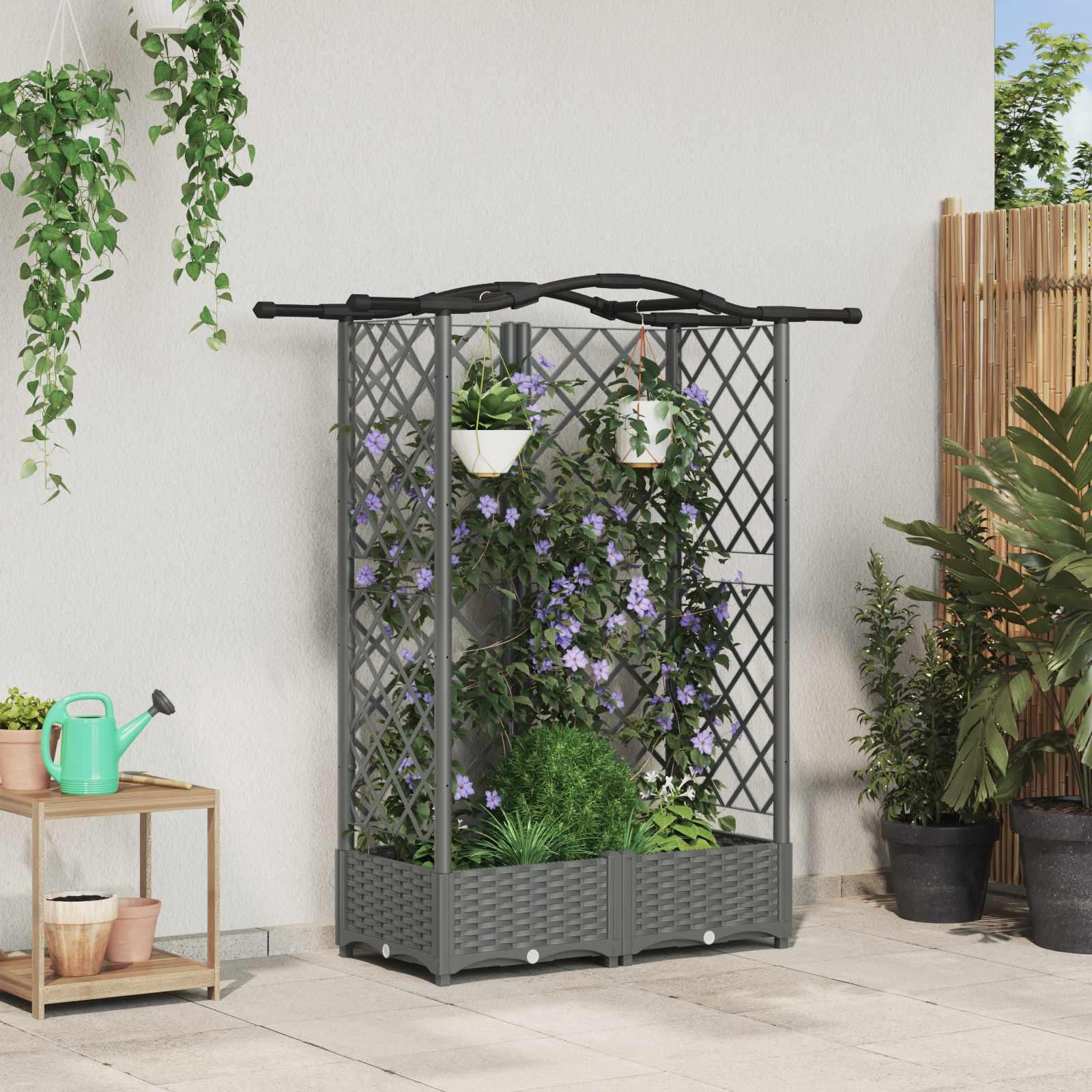 Hævet bed med trellis og tag - lysegrå 124 × 40 × 123 cm (PP) billede