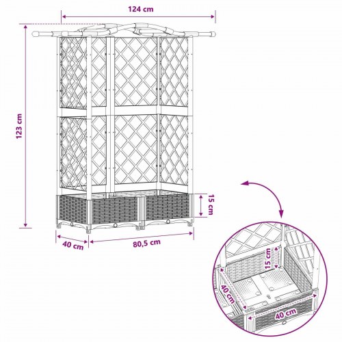 Hævet bed med trellis og tag - lysegrå 124 × 40 × 123 cm (PP)
