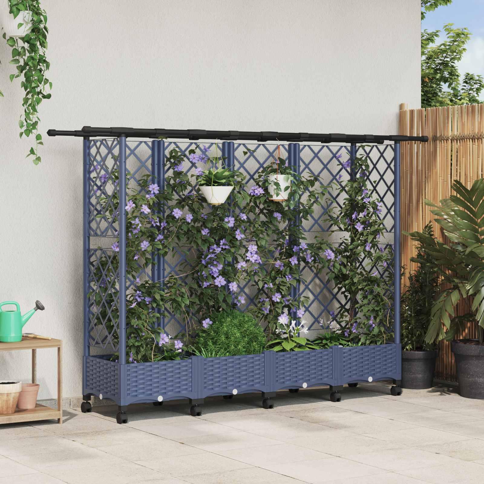 Hævet bed med trellis og tag - grå 202,5 × 40 × 127 cm, PP på hjul billede