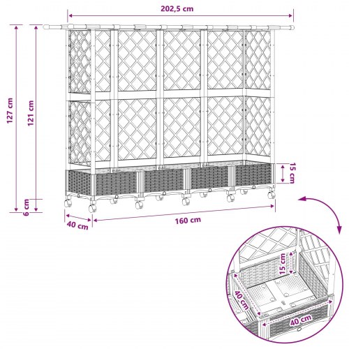 Hævet bed med trellis og tag - grå 202,5 × 40 × 127 cm, PP på hjul
