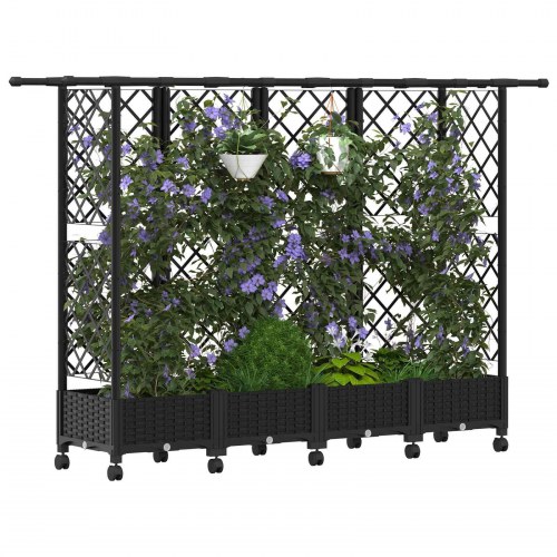 Hævet bed med trellis og tag - sort PP, 202,5 × 40 × 127 cm
