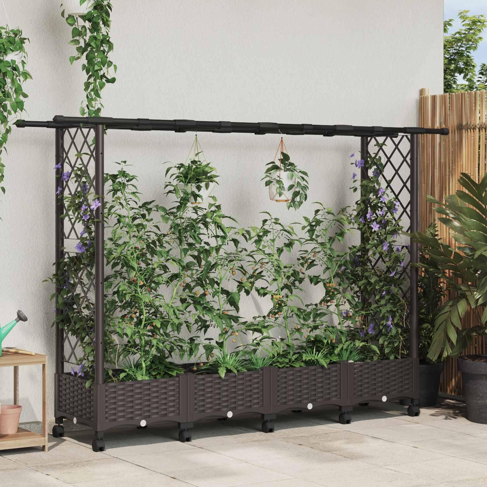 Hævet bed med trellis og tag - brun PP, 203 × 40 × 127 cm billede
