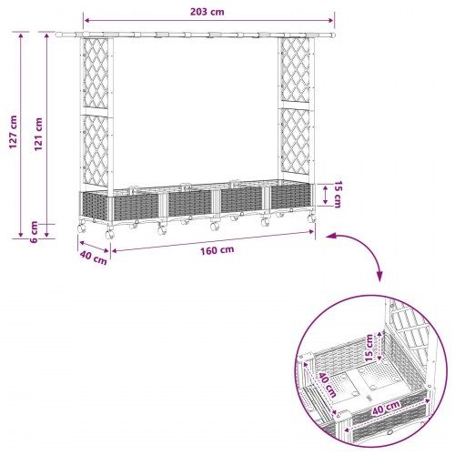 Hævet bed med trellis og tag - brun PP, 203 × 40 × 127 cm