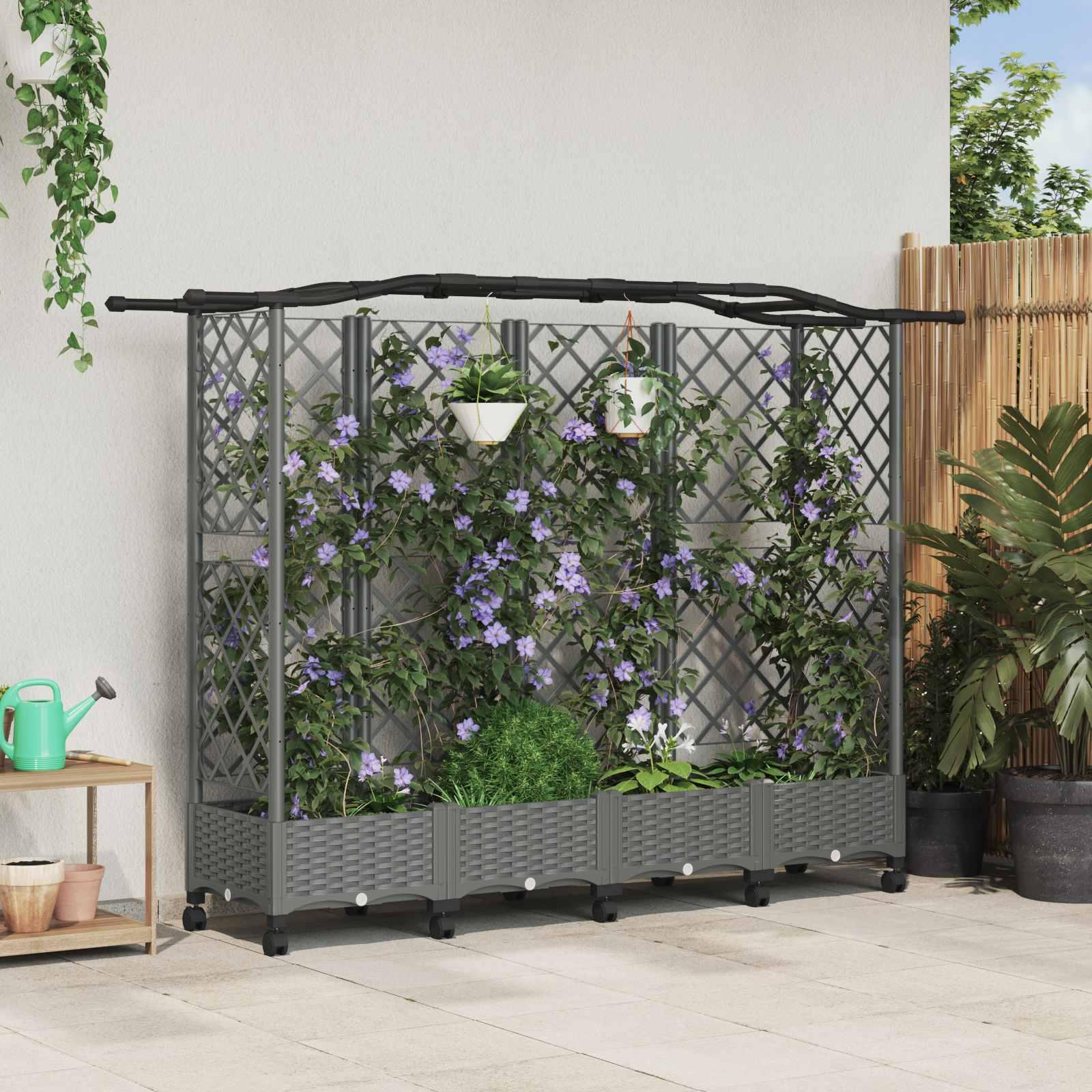 Hævet bed med trellis og tag - lysegrå 203,5 × 40 × 129 cm PP billede