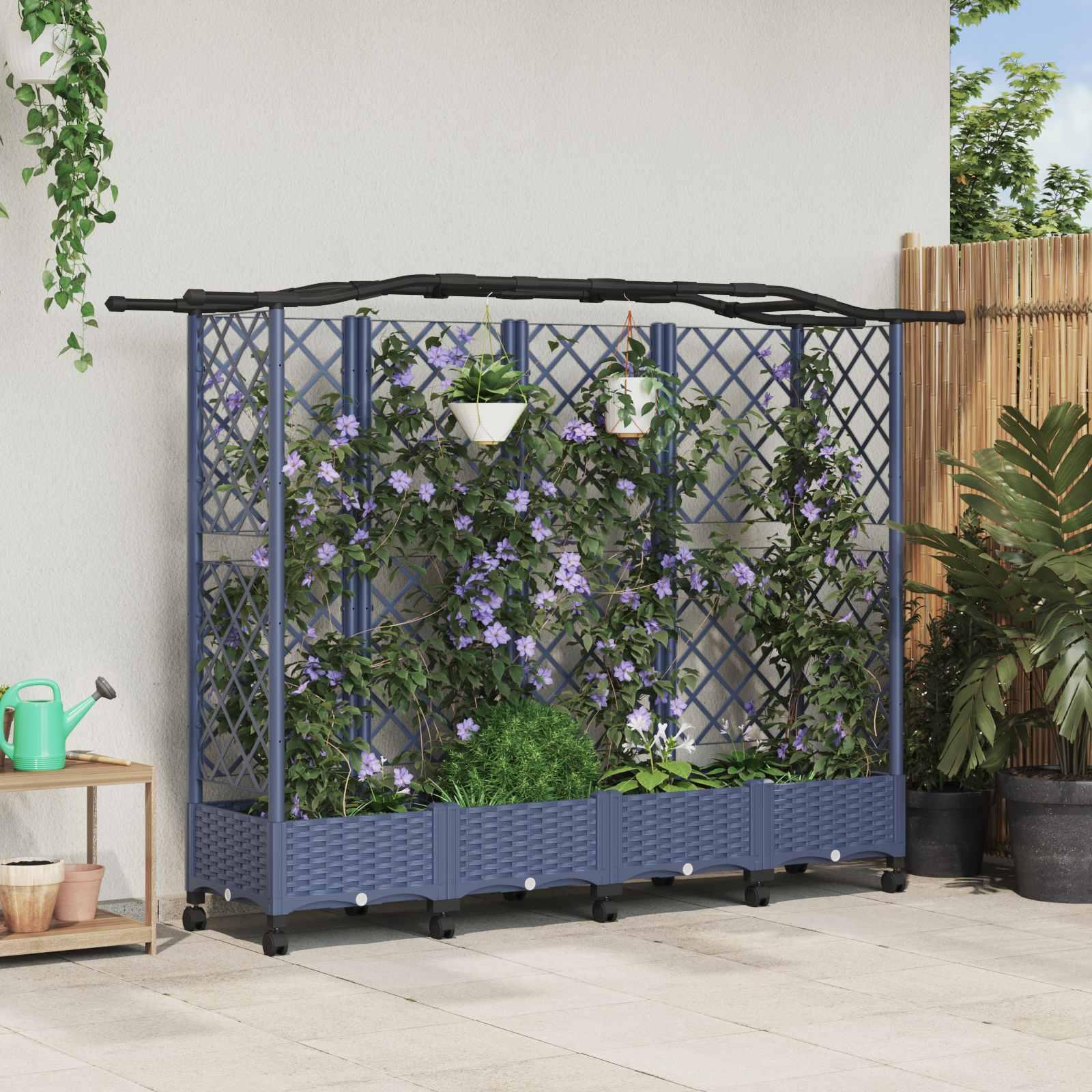 Hævet bed med trellis og tag - grå PP, 203,5 × 40 × 129 cm billede