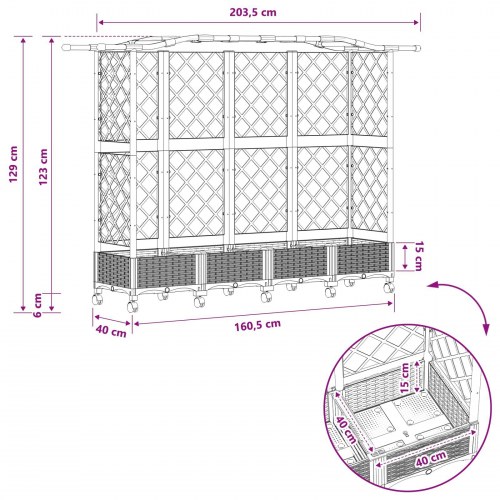 Hævet bed med trellis og tag - grå PP, 203,5 × 40 × 129 cm
