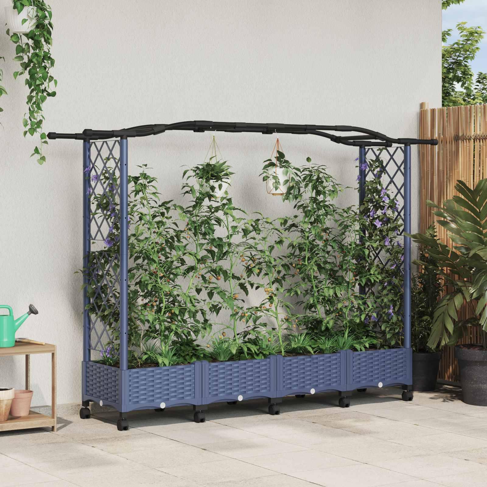 Hævet bed med trellis og tag - grå 207 × 40 × 129 cm (PP)