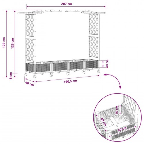 Hævet bed med trellis og tag - grå 207 × 40 × 129 cm (PP)