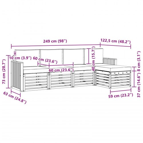 Udendørs sofagruppe - 5-pers. modulsofa i træ, hvid/antracit, 249 × 122,5 × 73 cm