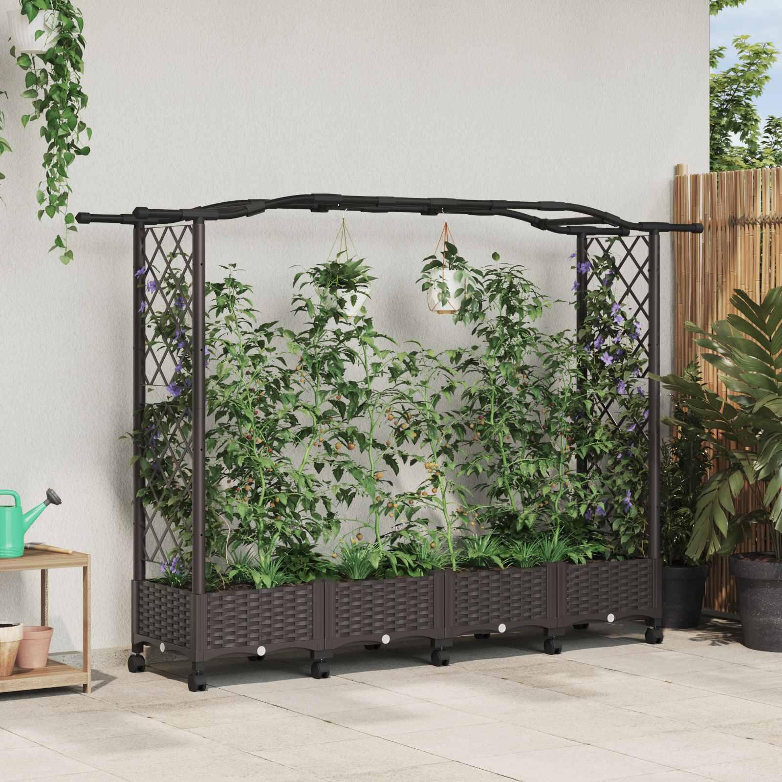 Hævet bed med trellis og tag - brun PP, 207 × 40 × 129 cm