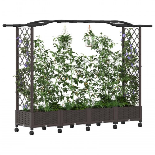 Hævet bed med trellis og tag - brun PP, 207 × 40 × 129 cm