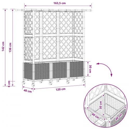 Hævet bed med trellis og tag - sort PP, 163,5 × 40 × 142 cm