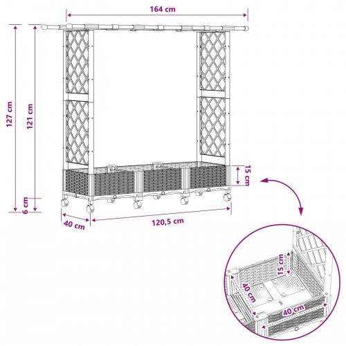 Hævet bed med trellis og tag - lysegrå PP, 164 × 40 × 127 cm