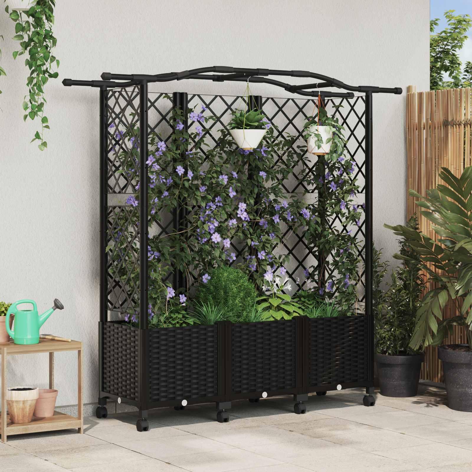 Hævet bed med trellis og tag - sort PP, 163 × 40 × 144 cm billede