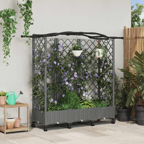 Hævet bed med trellis og tag - lysegrå 163 × 40 × 129 cm PP