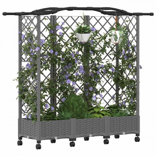 Hævet bed med trellis og tag - lysegrå 163 × 40 × 129 cm PP