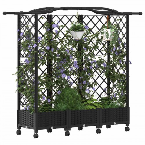 Hævet bed med trellis og tag - sort PP, 163 × 40 × 129 cm