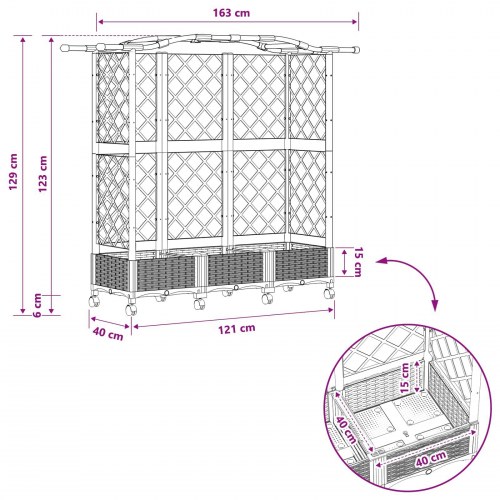 Hævet bed med trellis og tag - brun 163 × 40 × 129 cm PP, på hjul