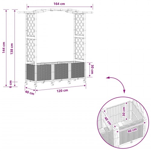 Hævet bed med trellis og tag - grå 164 × 40 × 144 cm, PP på hjul