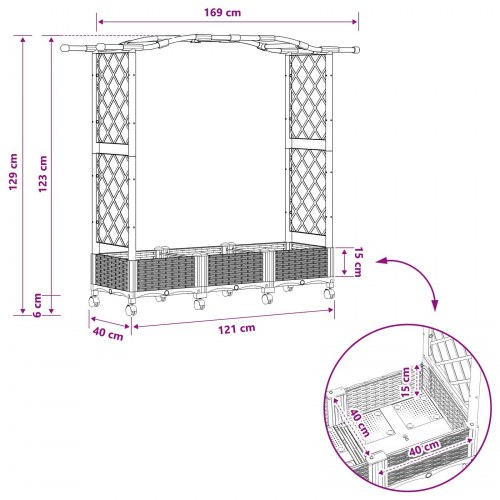 Hævet bed med trellis og tag - lysegrå 169 × 40 × 129 cm PP