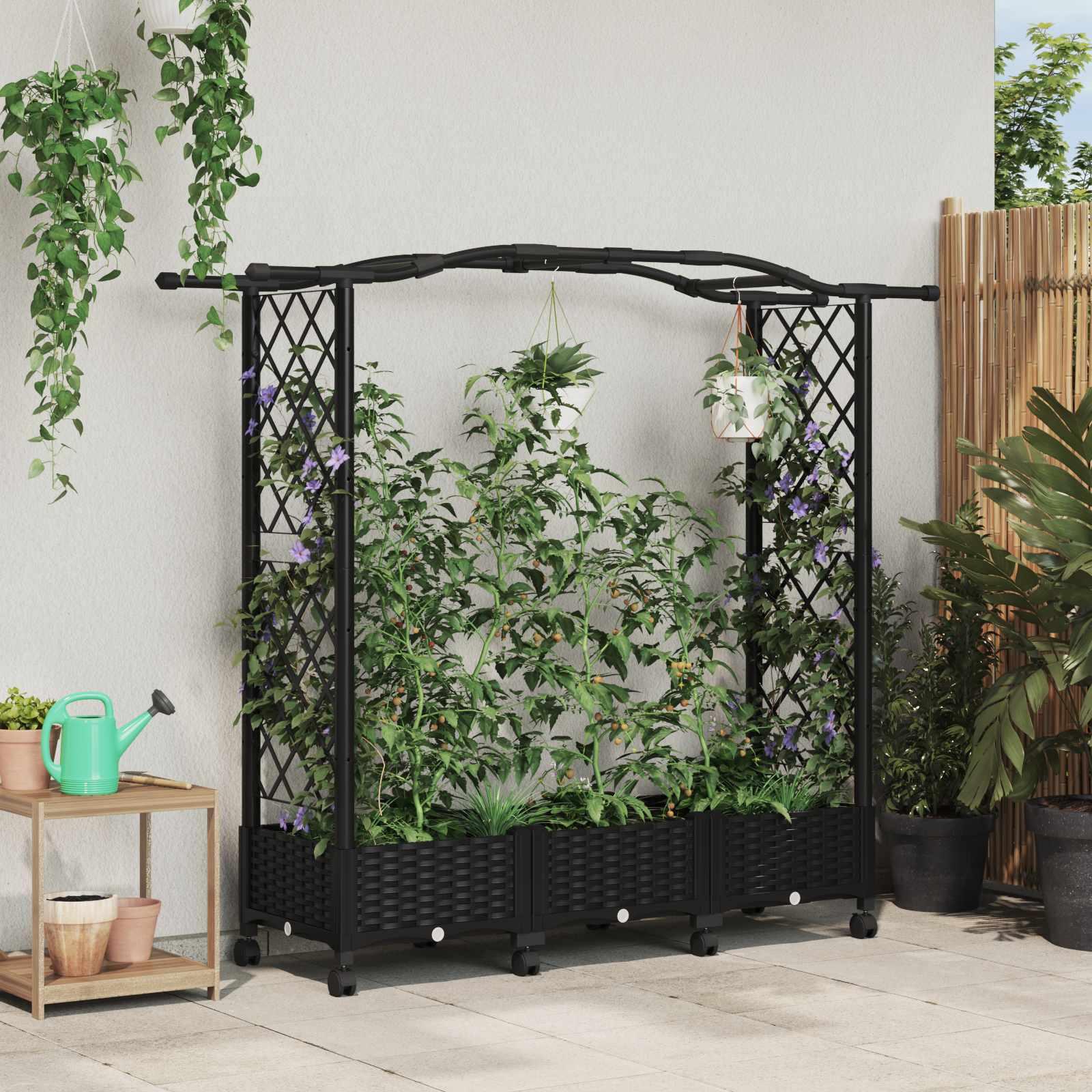 Hævet bed med trellis og tag - sort 169 × 40 × 129 cm PP