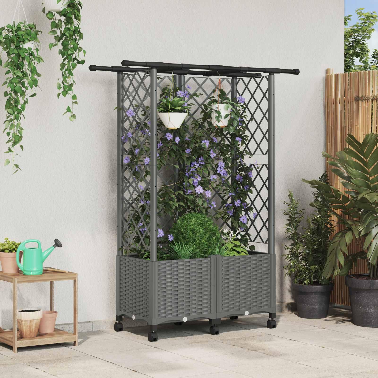 Hævet bed med trellis og tag - lysegrå 124 × 40 × 142 cm, PP billede