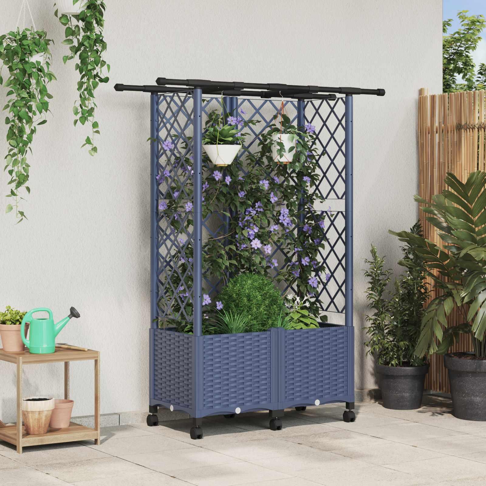 Hævet bed med trellis og tag - grå PP, 124 × 40 × 142 cm billede