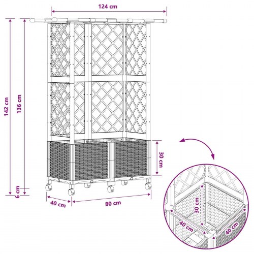 Hævet bed med trellis og tag - brun 124 × 40 × 142 cm PP på hjul