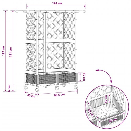 Hævet bed med trellis og tag - lysegrå 124 × 40 × 127 cm (PP)